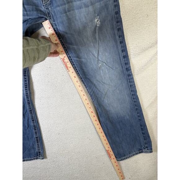 Buckle BKE Carter Jeans Mens 36R 36x31 Blue Straight Distressed Thick Stitch - Picture 10 of 16